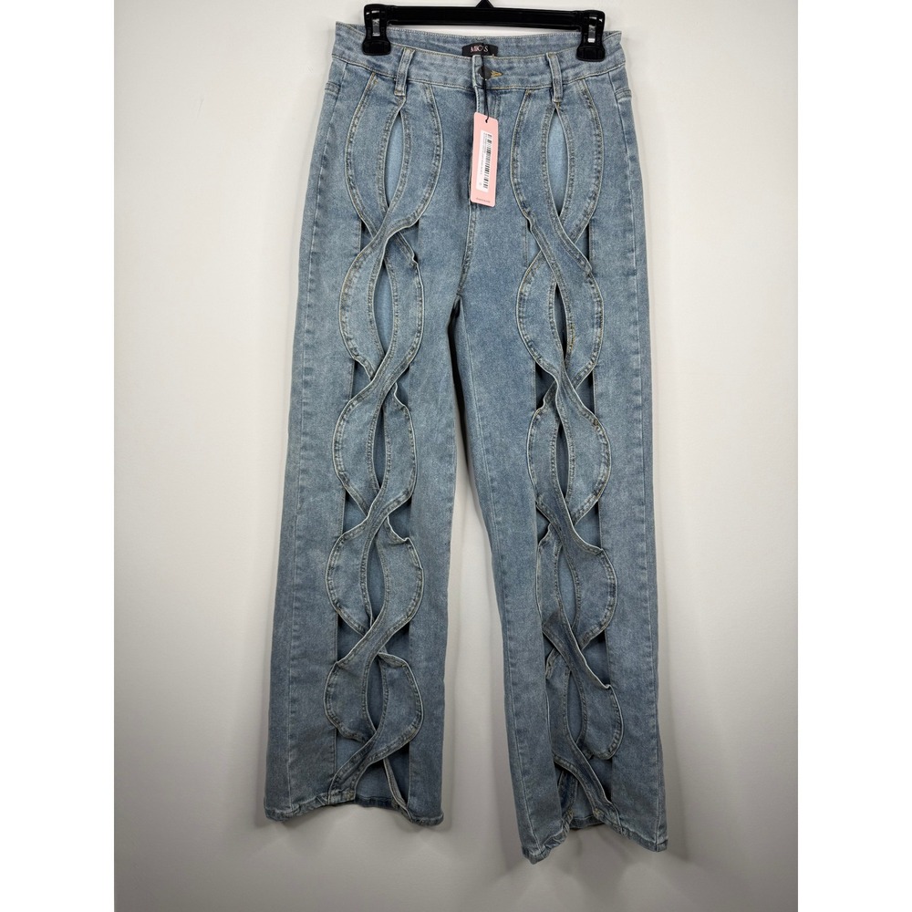 NWT Micas Cutout Y2K Jeans Womens S Light Wash Twisted Strap Wide Leg Denim